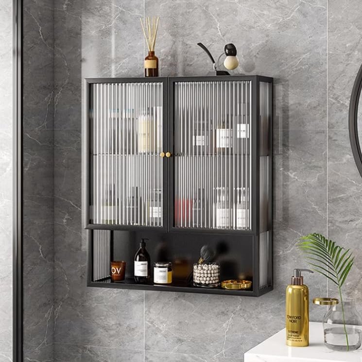Metal Medicine Cabinet with Glass Door,Multi Purpose Storage Cabinet Above The Toilet,3-Tier Floating Cabinet Display Stand With open storage,Wall-Mounted Makeup Organizer for Bathroom,Livingroom,Kitc
