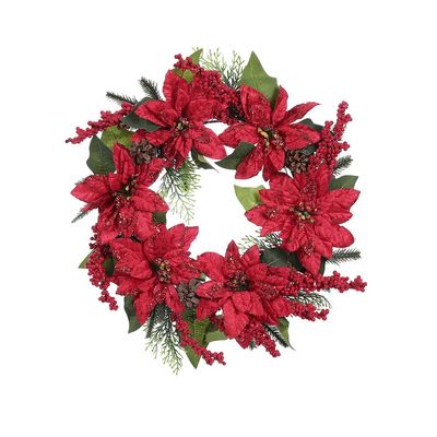 Christmas Wreath Christmas Wreaths for Front Door, Christmas Door Wreath with Christmas Flowers and Red Berried Pinecones Christmas Ornaments for Table Window (Normal,20 inch)