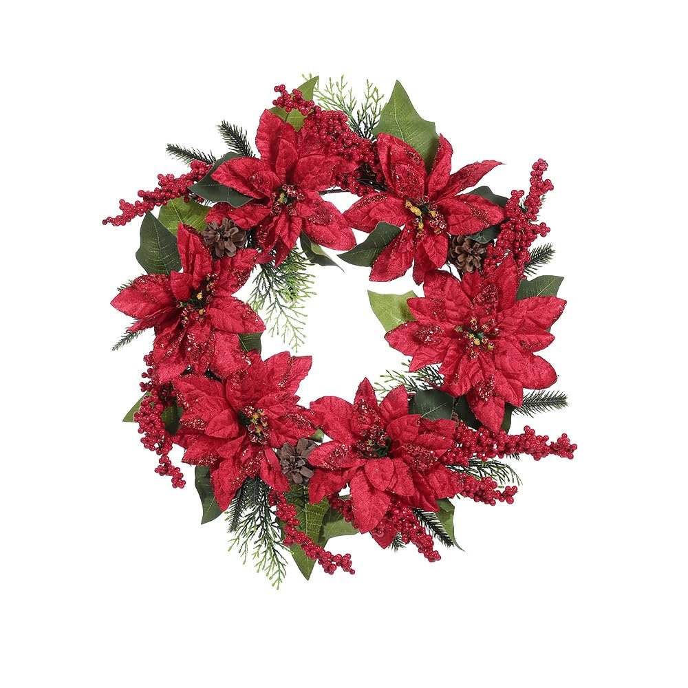 Christmas Wreath Christmas Wreaths for Front Door, Christmas Door Wreath with Christmas Flowers and Red Berried Pinecones Christmas Ornaments for Table Window (Normal,20 inch)