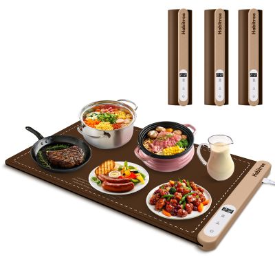3-Pack Silicone Food Warming Mat & Food Warmers for Parties Buffet - Rapid Heating 6-Level Temp Control, Rollable Portable Easy Clean - Value Set for Gatherings & Home Daily UseBrown