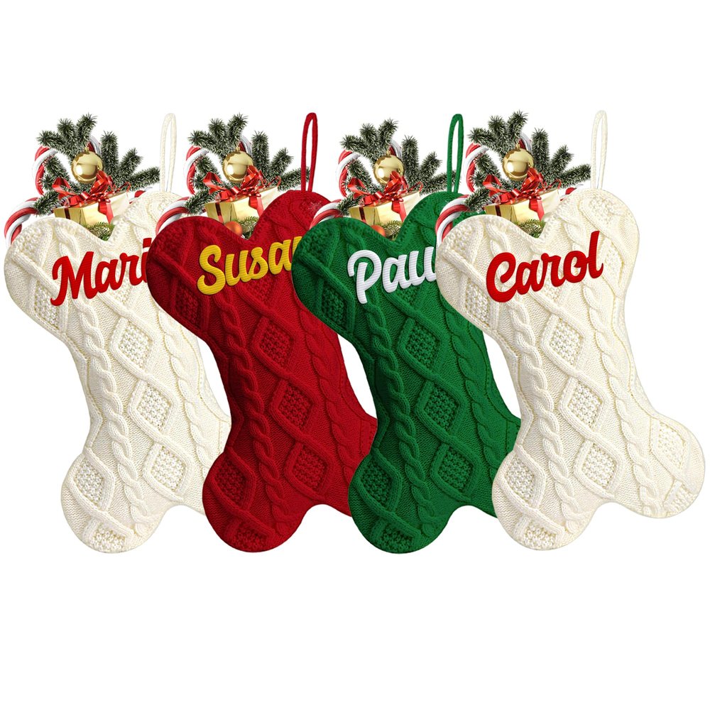 MATONGO Personalized Christmas Stocking for Dog Cat, Custom Bone Shape Knit Christmas Stocking Large 16.5 Inch with Name Embroidered, Customized Xmas Hanging Decor, Gifts for Family Kids Pet-4 PCS