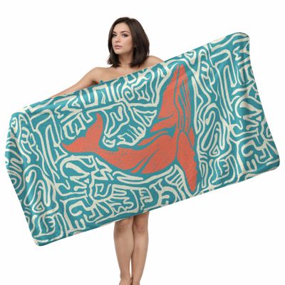 GAIIIIYOU Abstract Whale Painting Bath Towel Striped Lines Shower Towels Blue Absorbent Coral Fleece Towel for Bathroom