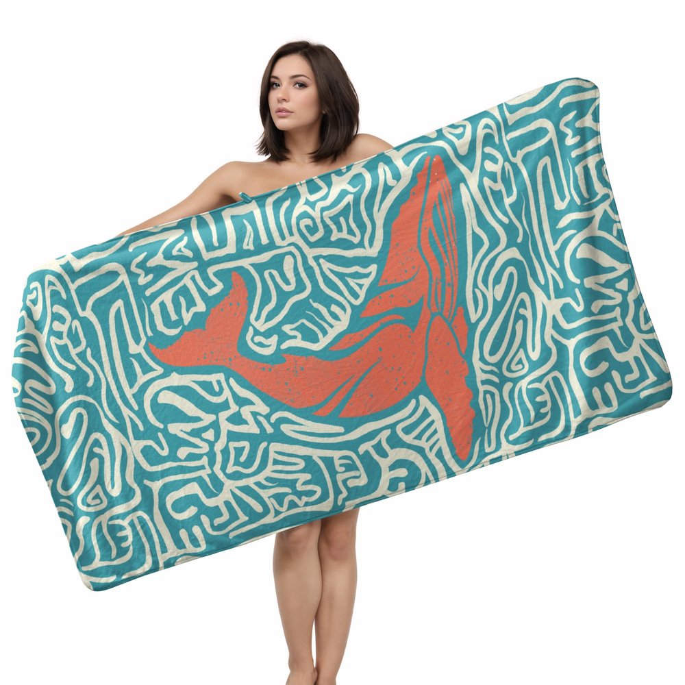 GAIIIIYOU Abstract Whale Painting Bath Towel Striped Lines Shower Towels Blue Absorbent Coral Fleece Towel for Bathroom