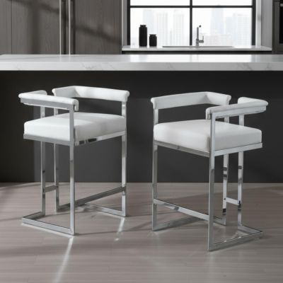 DUOMAY Modern Bar Stools Set of 2, 26" Counter Height Stool with Chrome Finish Metal, Faux Leather Upholstered Kitchen Chair with Back, 20.5" W x 18.7" D x 32" H, White PU Leather