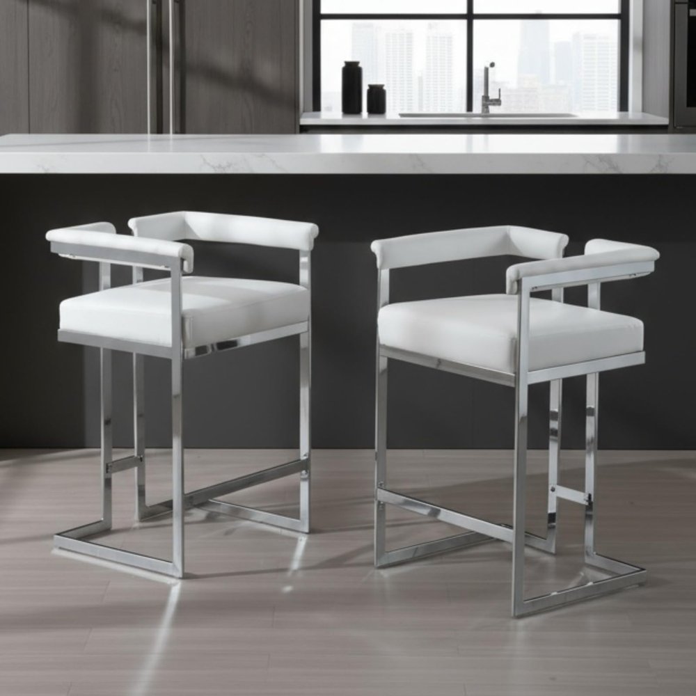 DUOMAY Modern Bar Stools Set of 2, 26" Counter Height Stool with Chrome Finish Metal, Faux Leather Upholstered Kitchen Chair with Back, 20.5" W x 18.7" D x 32" H, White PU Leather