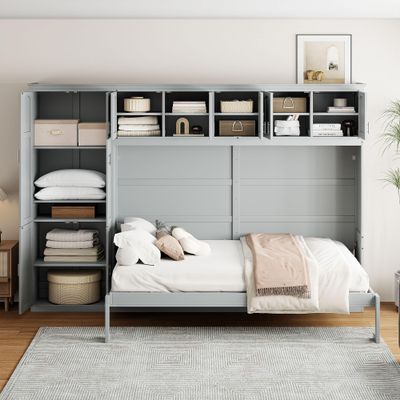 Aiuyesuo Modern Queen Size Murphy Bed Wall Bed with Cabinets and Shelves,Hidden Murphy Bed Foldable Platform Bed Frame, Solid Wood Horizontal Murphy Bed for Guest Room Apartment Studio (Gray-93J)