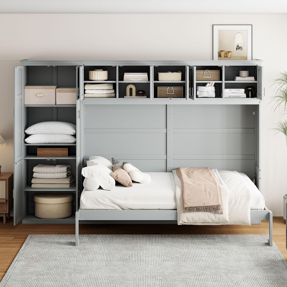 Aiuyesuo Modern Queen Size Murphy Bed Wall Bed with Cabinets and Shelves,Hidden Murphy Bed Foldable Platform Bed Frame, Solid Wood Horizontal Murphy Bed for Guest Room Apartment Studio (Gray-93J)