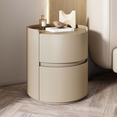 SUZEPER Round Nightstand,Bedside Table with 2 Solid Wood Storage Drawers,Modern Minimalist Bedroom Side Table,Leather Night Stands for Bedroom/Living Room,No Installation Required,End Table