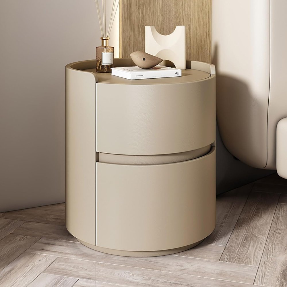 SUZEPER Round Nightstand,Bedside Table with 2 Solid Wood Storage Drawers,Modern Minimalist Bedroom Side Table,Leather Night Stands for Bedroom/Living Room,No Installation Required,End Table