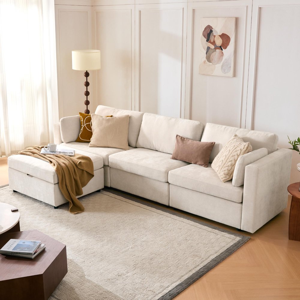 AMICLIBER Oversized Modular Sectional Sofa,111.4 inch Width L Shaped Extra Large Sectional Fabric Sleeper Sofa Set for Living Room, 4 Seat Convertible Sofa Couch with Storage Ottoman,Deep Seat,White
