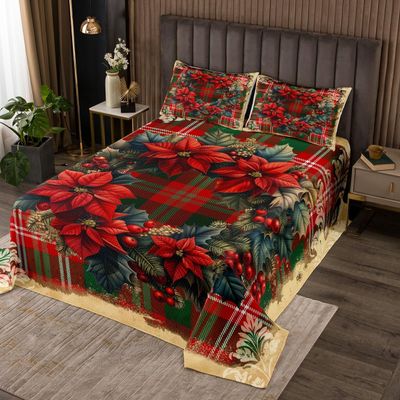 Farmhouse Style Quilts Set,Christmas Wreath Flowers 3Pcs Bedspread Coverlet Set,Jungle Botanical Plants Coverlet Bedspread,Vintage Country Decor Bedspread Coverlet with 2 Pillowshams (King Size)