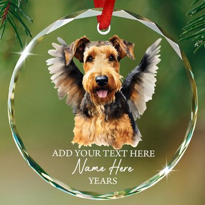 Airedale Terrier Dog Memorial Glass Christmas Ornament, Airedale Terrier Personalized Dog Angel Wings Ornaments, Loss of Pet Sympathy Gifts, Custom Name Christmas Tree Decor, Gifts for Pet Lovers