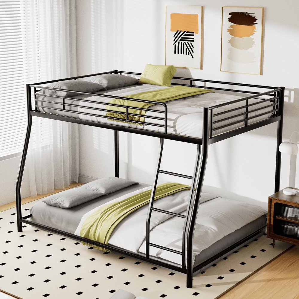 TURRIDU Full XL Over Queen Bunk Bed, Metal Low Bunk Bed Frame with Sloping Stairs and Safety Guardrails for Teens, Adults, No Box Spring Needed, Noise Free, Black