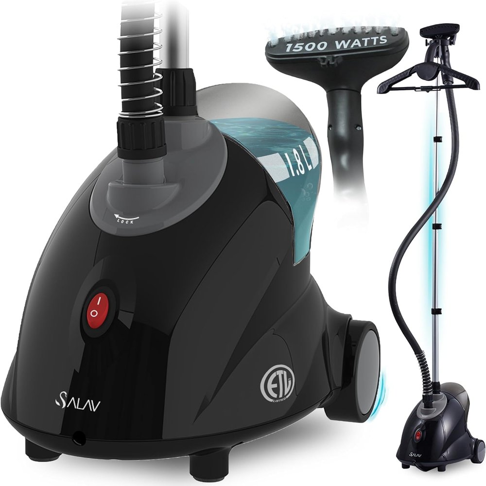 SALAV GS18-DJ Standing Garment Steamer with Roll Wheels for Easy Movement, 1.8L Water Tank for 1 Hour Continuous Steaming, Adjustable Pole for Storage, Includes Descaler Packet, 1500 watts (Renewed)