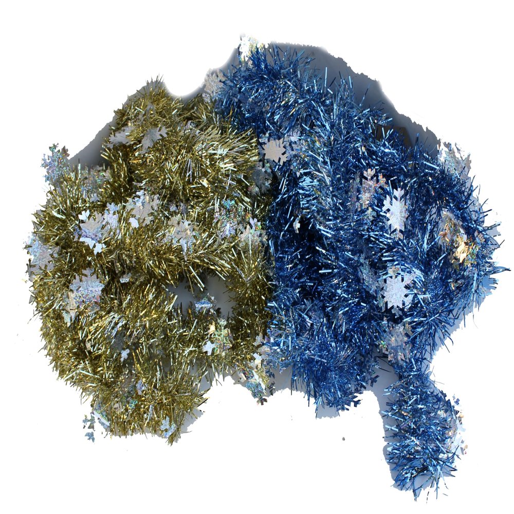 Set of 2, 96 Inch Tinsel with Snowflakes, Blue Gold Silver Theme, Christmas or Hanukkah Garlands
