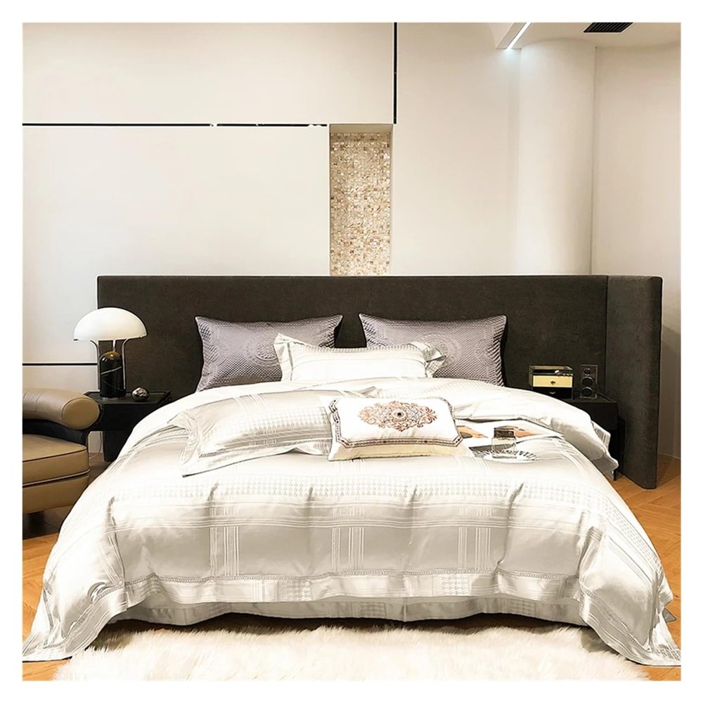 White Gold SilverJacquard King Size Bedding Set Cotton Duvet Cover Set Bed Sheet Set Pillowcases,Bed