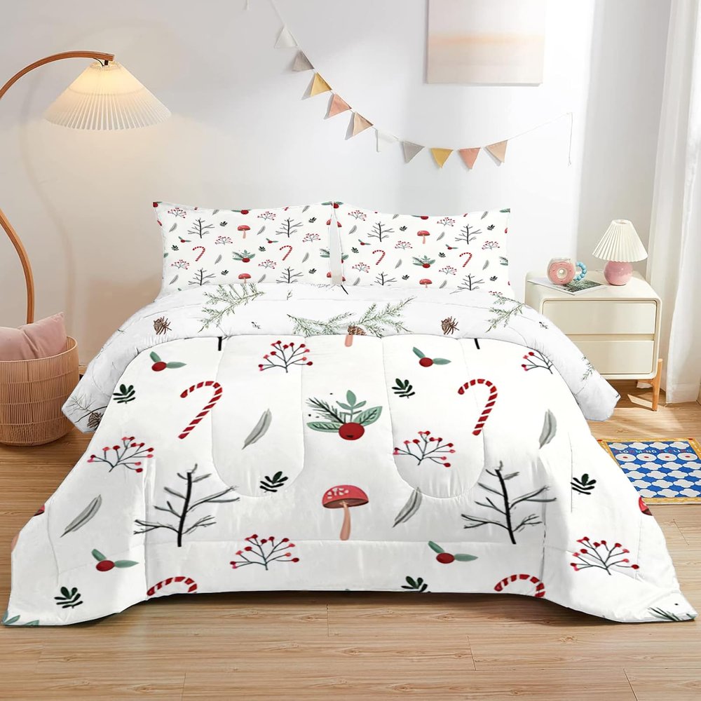 dyausi Christmas Comforter Set King, Candy Cane Berries Holly Comforter King Size Comforter Set, Christmas Bedding Set Xmas Holiday Decor, Reversible Duvet with Pillow Shams, White