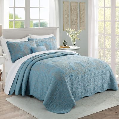 BYTIDE Quilt Bedspread Queen 4 Piece Bedding Set 90" x 90" Elegant Antique Classy Damask Embroidery with Scallop Edges, Ultra Soft Lightweight Coverlet, Forget Me Not