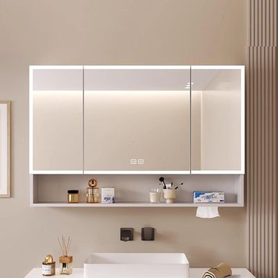 LUVEOLSIT Bathroom Medicine Cabinet with Mirror, Wall Mounted Vanity Makeup Mirror Cabinet with Storage, Illuminate LED Lighted Bathroom Mirror Aluminum Organizer Shelf(White,110CM/43.3IN)