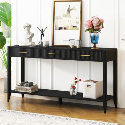 Entryway Console Table with Vertical Stripe Drawers, Bottom Shelf and Long Legs,Suitable for Entryway Hallway Living Room Foyer Corridor (Black@Drawers)