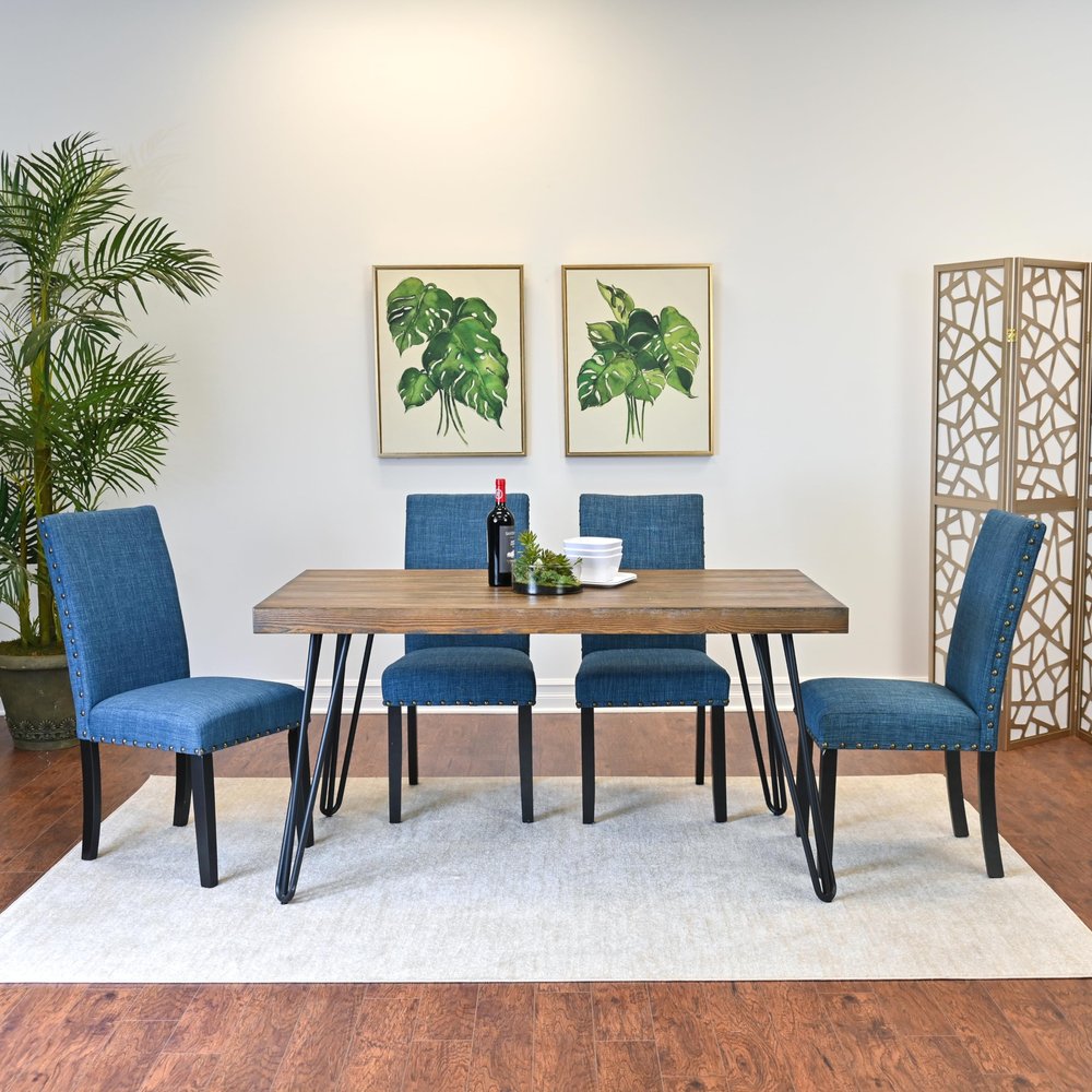 Roundhill Furniture Amisos 5-Piece Dining Set, Hairpin Dining Table with 4 Chairs Blue