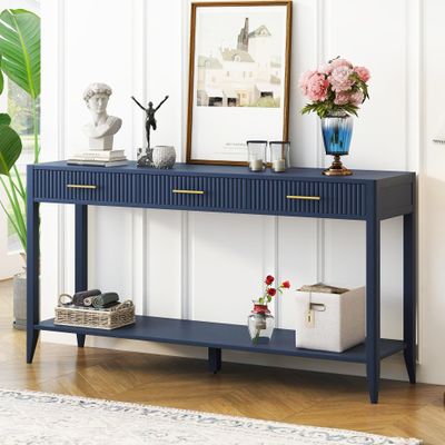 Entryway Console Table with Vertical Stripe Drawers, Bottom Shelf and Long Legs,Suitable for Entryway Hallway Living Room Foyer Corridor (Navy Blue@Drawers)