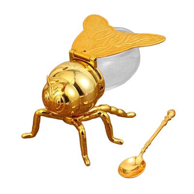 AFXGUSD Bee Design Honey Container with Spoon for Sugar and Condiments, Gold Tail