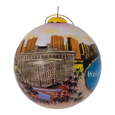 Waikiki Sunlit Shores, Waikiki Hawaii - Hawaiian Collectible Christmas Ornament, Hand-Painted from The Inside, 360 Design, Hand-Blown Glass Tropical Souvenir Keepsake in Red Velvet Gift Box, 3 inch