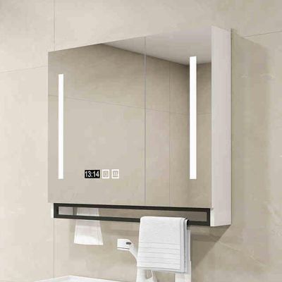 Lighted Medicine Cabinet with Bathroom Mirror, LED Illuminate Vanity Makeup Mirror Cabinet, Smart Wall Mounted Mirror Organizer with Storage Shelves,3 Colors LED Light Dimmable, Anti-Fog,Clock & Temp(