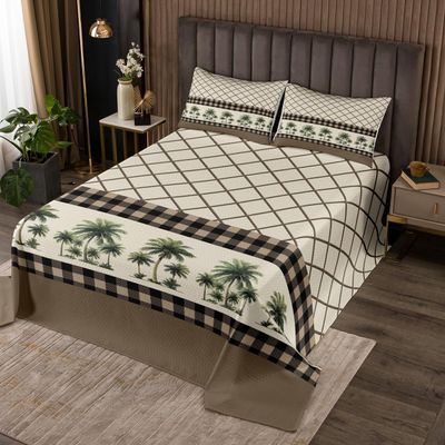 Coconut Tree Bedspread Twin Size,Brown Geometric Grid Patchwork Bedding Set for Kids Teens Adult Room Decor,Rustic Farmhouse Style Comforter Set Tropical Plants Quilt Coverlet,1 Pillowcase