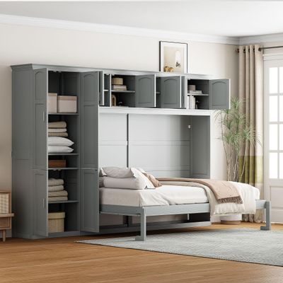 Brabrety Wooden Queen Size Murphy Bed Wall Bed with Cabinets,for Small Spaces Apartments Studio Home Office Use (Gray@e, Queen)
