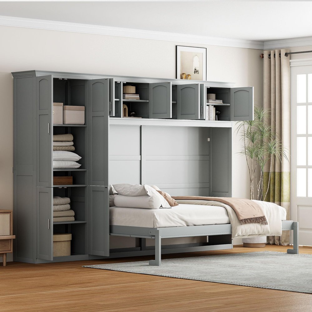 Brabrety Wooden Queen Size Murphy Bed Wall Bed with Cabinets,for Small Spaces Apartments Studio Home Office Use (Gray@e, Queen)