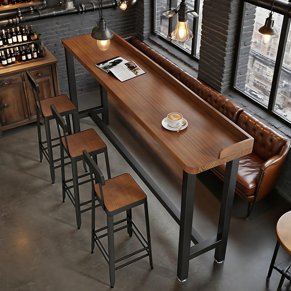 Modern Narrow Bar Table, Solid Wood Long Bar Counter Table with Metal Legs, Rectangle Sofa Console Table, Wooden High Top Dining Kitchen Table for Living Room Hallway Bar,No Stool(70.87 x 15.75 x 41.3