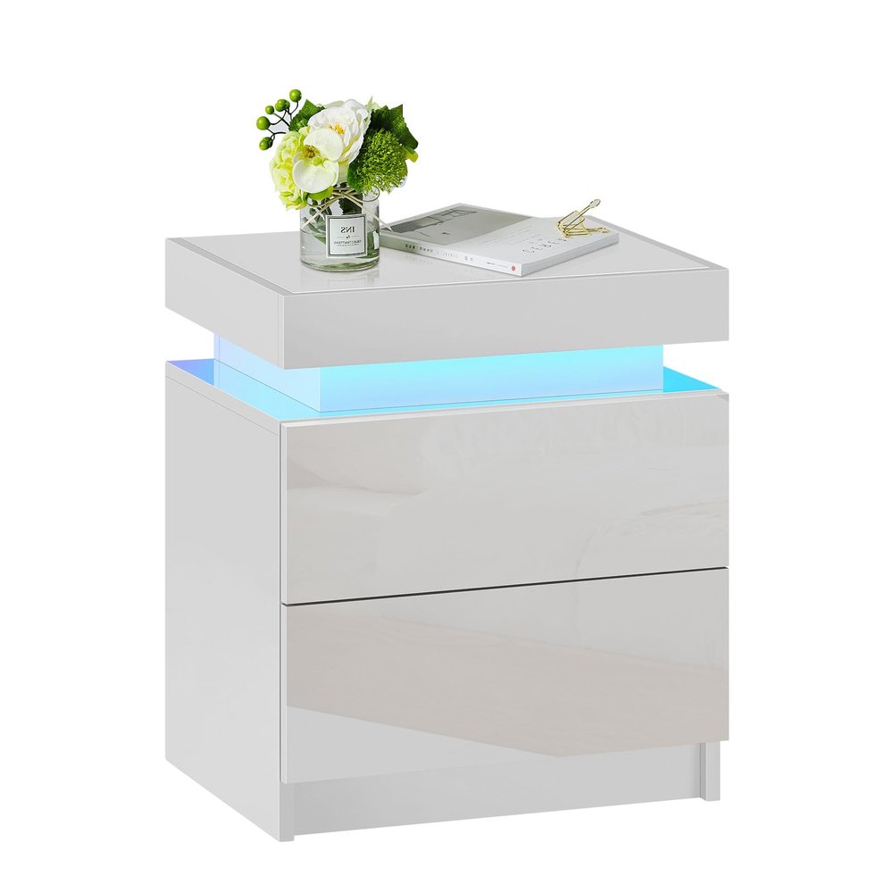 OFCASA Nightstand with LED Lights, Smart Night Stand with Flip Top Storage, Bedside Table with 2 High Gloss Drawers, Modern End Side Table for Bedroom (White)