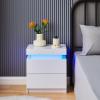 OFCASA Nightstand with LED Lights, Smart Night Stand with Flip Top Storage, Bedside Table with 2 High Gloss Drawers, Modern End Side Table for Bedroom (White) view 2
