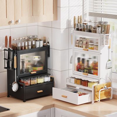 CIPPRO 2pcs Metal Narrow Side Spice Rack Organizer, 2/3 Tier Large Capacity Spice Jars Rack with Utensil Cutlery Holder Cutting Board Rack Hooks, for Kitchen Cabinet