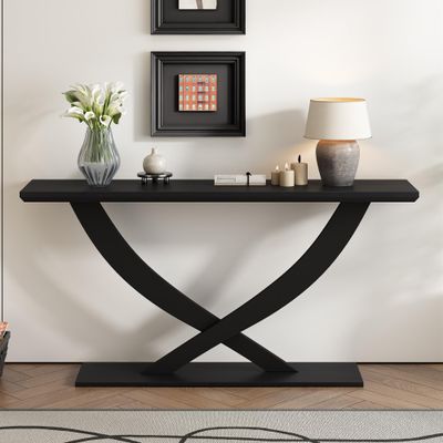 57'' Modern Rustic Console Table with Cross-Leg Design,Sturdy Construction and Ample Surface Space,Perfect for Living Room, Bedroom (Black-96J)
