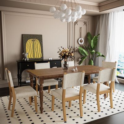 JESONVID Set of 6 Faux Leather Upholstered Dining Chairs, Mid Century Modern Kitchen Table Side Chairs with Solid Wood Legs & Padded Seat for Dining Room Lounge-Nature+Beige