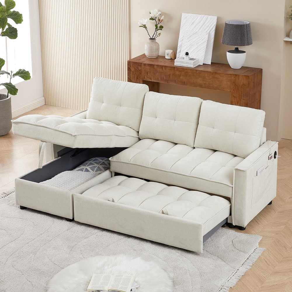 78.25" Convertible L Shaped Sofa Couch with Pull Out Bed, Sectional Sleeper Sofa Couches with Storage Chaise, Charging Station, Side Pocket, Sleeper Sofa Bed for Living Room, Apartment, Bedroom