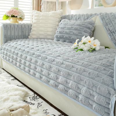 LELISKA Fluffy Plush Striped Furniture Protector Couch Cover,Soft Warm Plush Sofa Couch Cover,Ultra-Soft Fluffy Non-Slip Sofa Cushion Covers,Faux Fur Couch Cover (Gray,110 * 210cm)