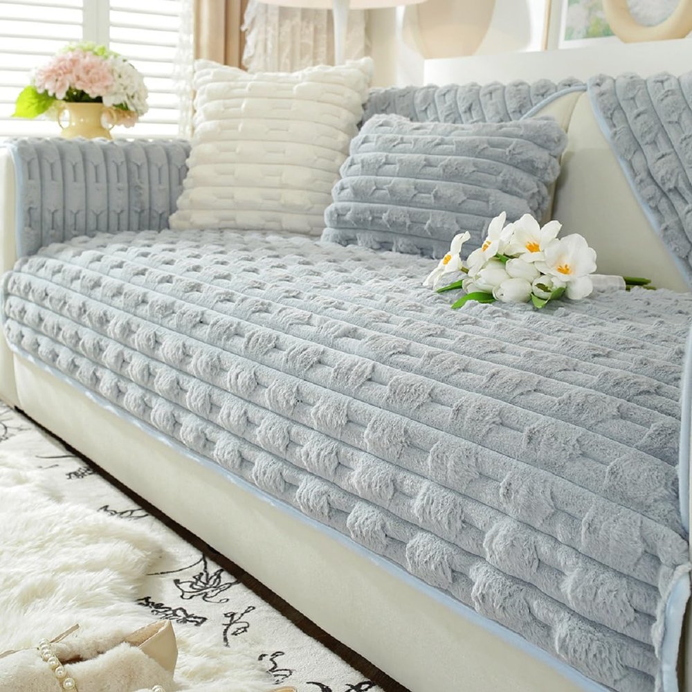 LELISKA Fluffy Plush Striped Furniture Protector Couch Cover,Soft Warm Plush Sofa Couch Cover,Ultra-Soft Fluffy Non-Slip Sofa Cushion Covers,Faux Fur Couch Cover (Gray,110 * 210cm)