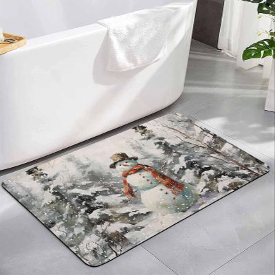 Bath Mat, Christmas Snowman Tree Winter Scarf Mountain Quick Dry Bathroom Rugs Non Slip Absorbent Thin Shower Rug Floor Mat for Bathroom, Bathtub,Sink, 16"x24"