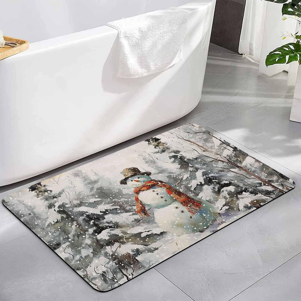 Bath Mat, Christmas Snowman Tree Winter Scarf Mountain Quick Dry Bathroom Rugs Non Slip Absorbent Thin Shower Rug Floor Mat for Bathroom, Bathtub,Sink, 16"x24"