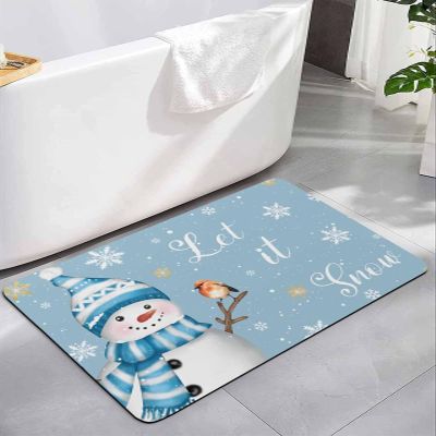 Bath Mat, Christmas Snowman Bird Gold Snow New Year Winter Sky Blue Quick Dry Bathroom Rugs Non Slip Absorbent Thin Shower Rug Floor Mat for Bathroom, Bathtub,Sink, 16"x24"