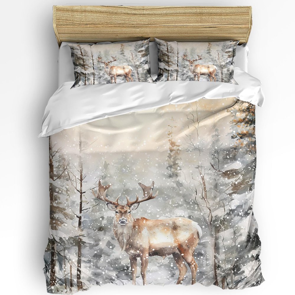 Savannan Duvet Covers 3 Pieces Set California King Christmas Elk Forest Winter Snow Bedding Set with Zipper Closure Corner Ties, 2 Pcs Pillow Sham