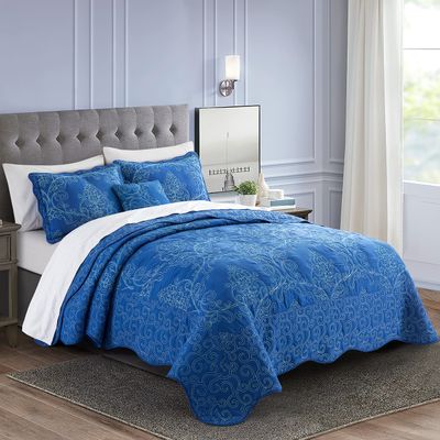 BYTIDE Quilt Bedspread Queen 4 Piece Bedding Set 90" x 90" Elegant Antique Classy Damask Embroidery with Scallop Edges, Ultra Soft Lightweight Coverlet, Royal Blue