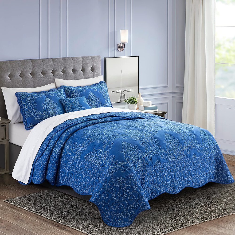 BYTIDE Quilt Bedspread Queen 4 Piece Bedding Set 90" x 90" Elegant Antique Classy Damask Embroidery with Scallop Edges, Ultra Soft Lightweight Coverlet, Royal Blue
