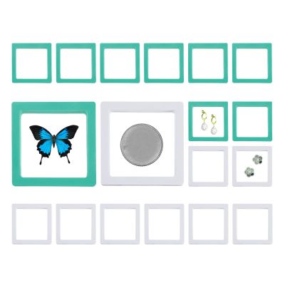 PATIKIL 3D Floating Frame Display Stand, 18 Pack 2.8x2.8 Inch Challenge Coin Display Stand Holder Transparent PE Jewelry Storage Box Floating Display Case, Teal&White