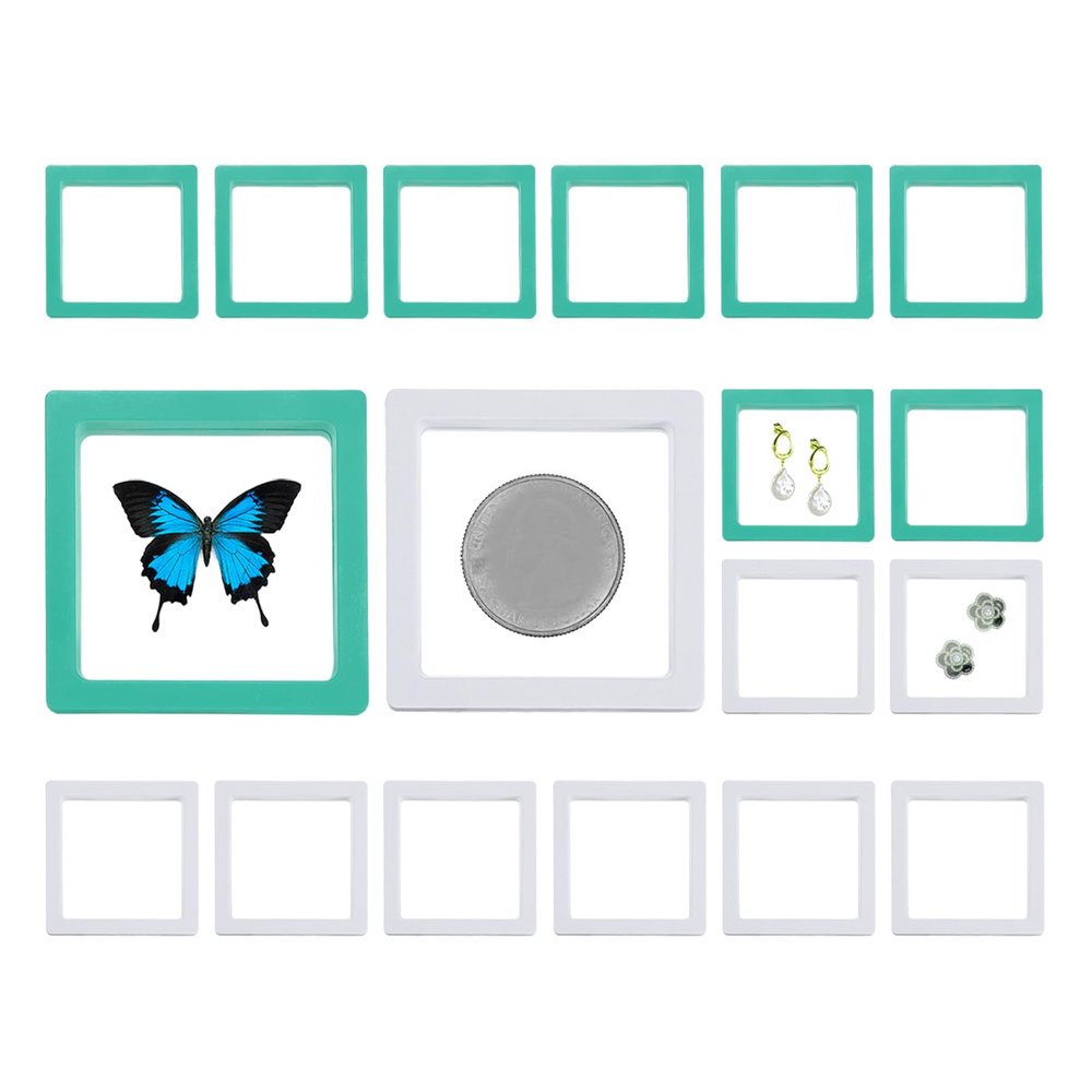 PATIKIL 3D Floating Frame Display Stand, 18 Pack 2.8x2.8 Inch Challenge Coin Display Stand Holder Transparent PE Jewelry Storage Box Floating Display Case, Teal&White