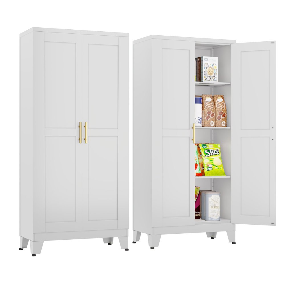 AUEYTVR Metal Pantry Cabinet, Kitchen Storage Cabinets with 2 Doors and Adjustable Shelves for Kitchen, Living Room, Dining Room, Bathroom (White, 61.02" H x 27.55" W x 13.78" D)